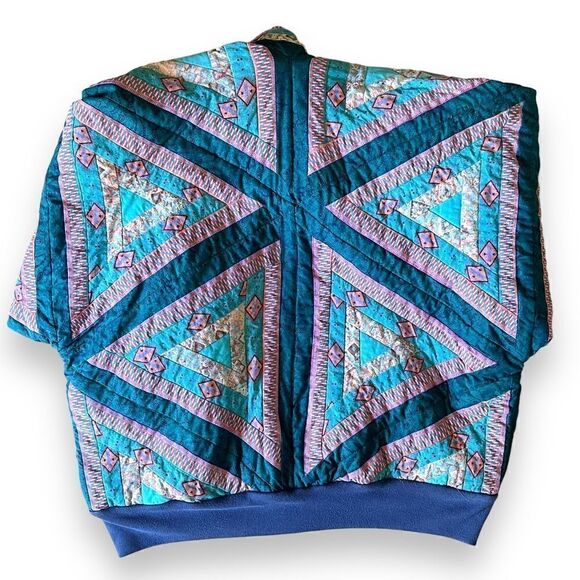 Vintage 1980’s Quilted Triangular Patchwork Batwing 3/4 Sleeve Bomber Jacket - Picture 9 of 16